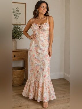 Commense Floral/ Garden Romantic Slip Maxi Dress in Cream and Pink *Cottagecore